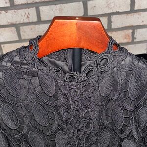 Never worn Black Lace Dress 👗 knee length lining. High neck, long sheer sleeves
